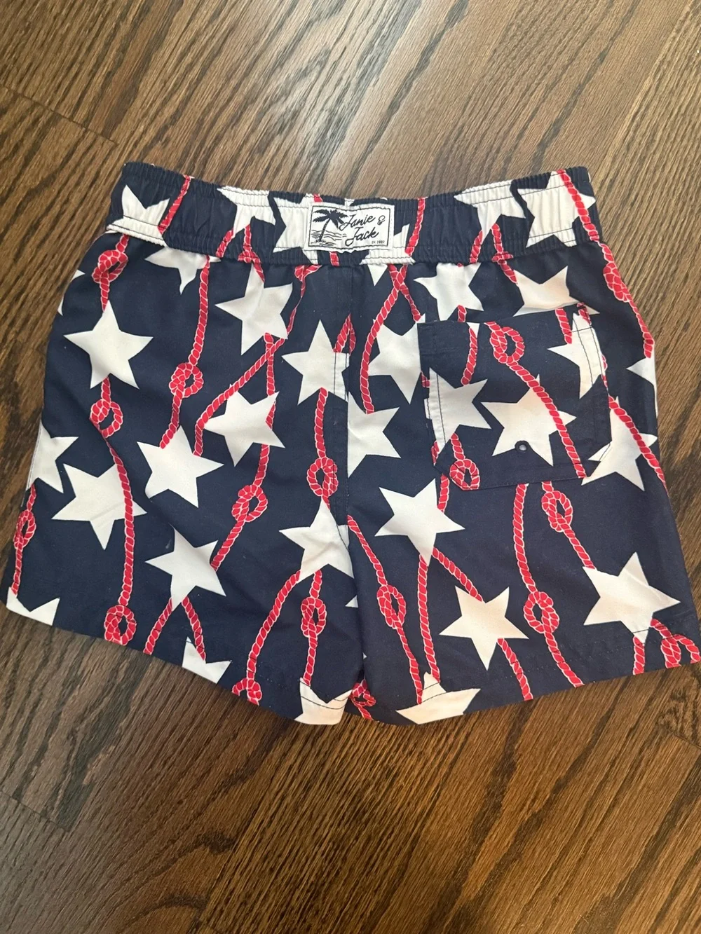 Janie and Jack Navy Stars & Red Rope Print Swim Trunks